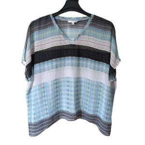 Cabi Chiffon Semi-Sheer Floral Striped V-neck Cap Sleeve Tunic Top‎ Blouse L